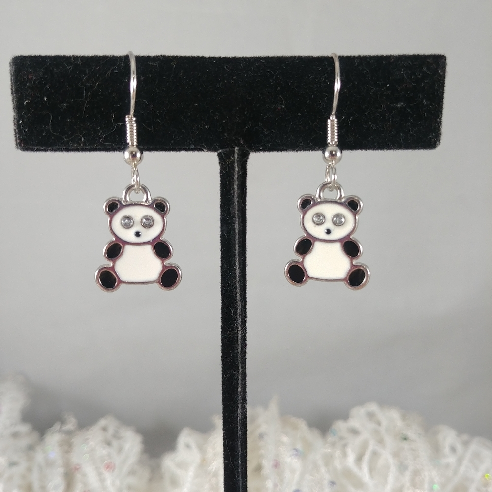Panda Earrings Bear Enameled with Rhinestone eyes